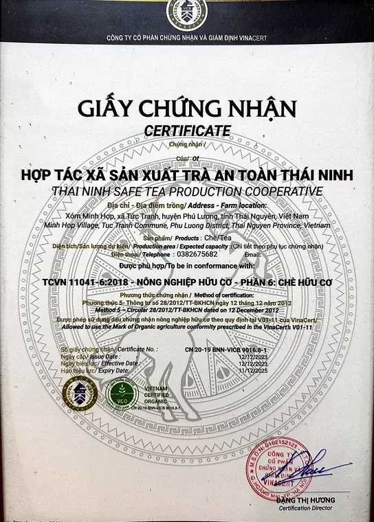 Giấy chứng nhận nông nghiệp hữu cơ TCVN 11041-6:2018 phần 6 chè hữu cơ của HTX Sản xuất trà an toàn Thái Ninh