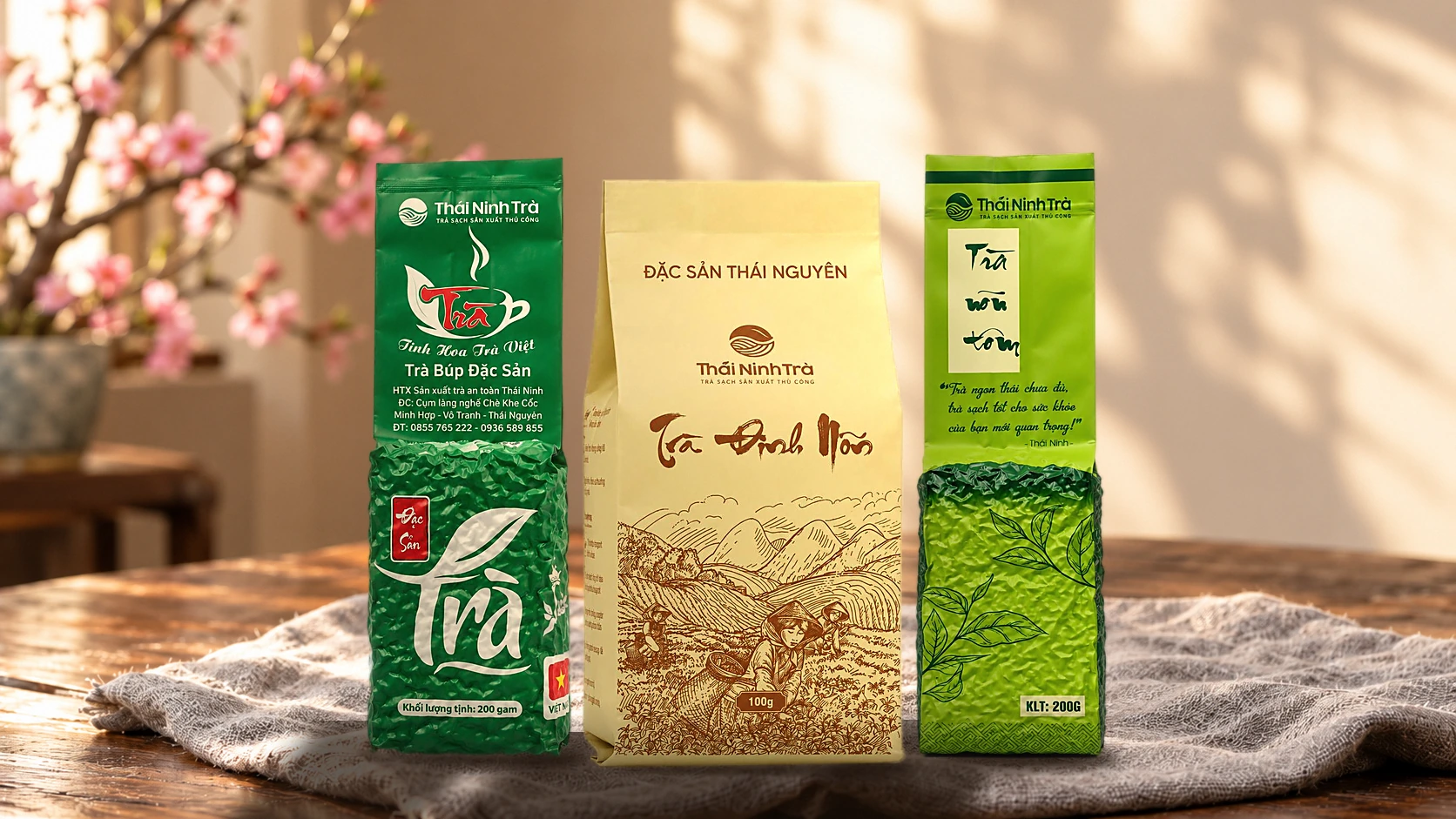 Ba gói trà Thái Ninh trên khăn lanh, bàn gỗ: Trà Búp Đặc Sản xanh, Trà Đinh Nõn túi giấy, Trà Nõn Tôm xanh non